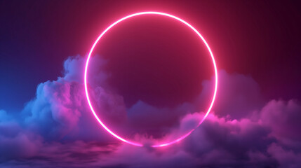 Wall Mural - Neon pink circle among the clouds, neon background