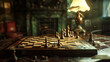 A worn chessboard sits on a table, bathed in lamplight, with scattered pieces hinting at an unfinished game.