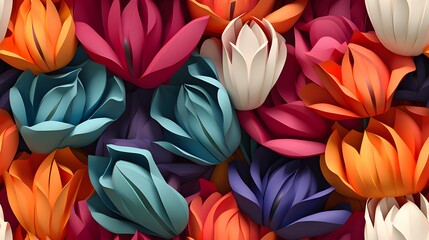 3d tulip floral flowers seamless repeat pattern, floral pattern, flower paper art, natural colors, detailed foliage.