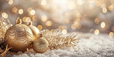 Wall Mural - Golden Christmas Ornaments on Snowy Background with Beautiful Bokeh Effect and Festive Atmosphere