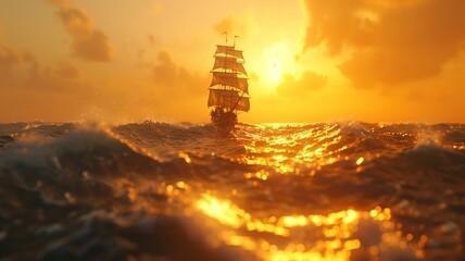 Wall Mural - Majestic sailing ship on golden waves during a breathtaking ocean sunset