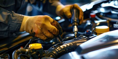 Wall Mural - closeup of car maintainer fixing car, vehicle maintenance