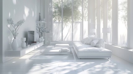 Wall Mural - A white living room with furniture in a minimalist style on a bright laminate floor. An interior design with a TV and sofa set on a tree background.