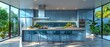 3D rendering of a large, bright kitchen with blue splashback and metallic blue bar stools.