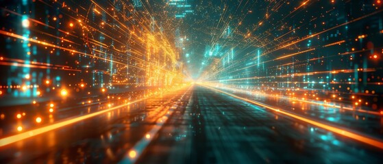 Poster - A smart city concept with abstract polygon patterns and speed line lights, as well as a big data connection concept is presented.