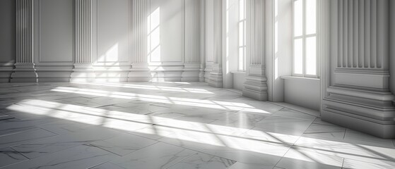 Poster - The sun light casts a shadow on an empty white room with a dark laminate wood floor. The interior design is classic with a blank design space.