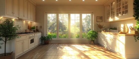 Aufkleber - This is a 3D rendering of an interior design of a bright kitchen with a white wall, accessories. This is the layout for a catalog...