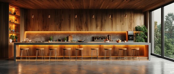 Aufkleber - Featured here is a wooden kitchen with an island and bar stools. The top is marble, while the bottom is wood. 3D rendering.