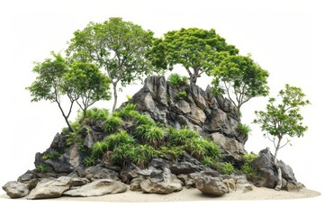 Poster - Isolated on white background, trees, mountains and rocks.