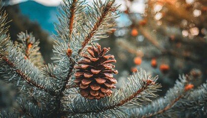 A conifer cone or pinecone on a tree, beautiful forest background