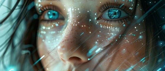 Poster - This image depicts a beautiful robot woman with AI in virtual cyberspace amid data charts and diagrams. A neural network learning concept is seen. A female robot is floating in zero gravity.