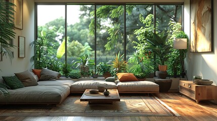 Poster - Grey sofa, coffee table, and large window in a light living room