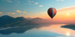 colorful hot air balloon floating gracefully above a tranquil lake, with majestic mountains and a soft-hued sky in the backdrop
