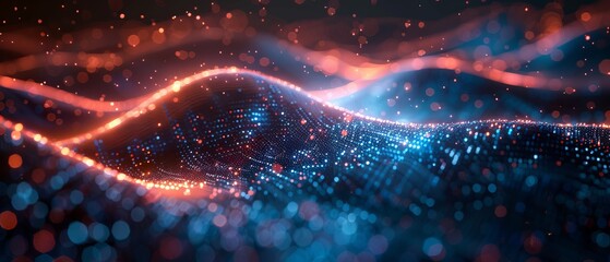 Poster - Abstract, futuristic illustration displaying data technology. Dark background with low poly shapes and lines. With a 3D rendering. Big data visualization.