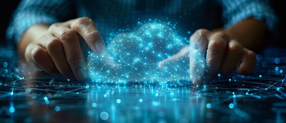 Poster - An employee of a company works on a Cloud Computing diagram on a new computer interface as a concept.
