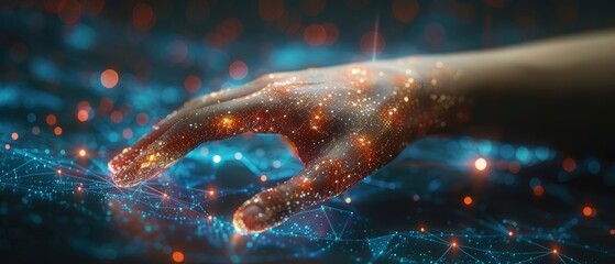 Fototapete - A Big Data concept. A digital neural network. A business woman touching an artificial intelligence concept. The cyber world of the future. Science and innovation of technology.