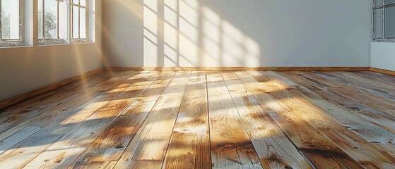 Aufkleber - A mock-up of an empty room with a wood laminate floor and sun light cast a shadow upon the wall. A perspective of minimalist interior design in 3D.