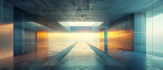 Poster - A 3D rendering of a futuristic abstract glass building with an empty concrete floor....