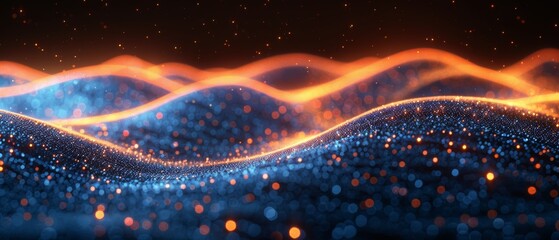 Poster - Design with abstract waves on a low-polygonal triangular background on dark blue abstract cyberspace for cyberspace, big data, metaverse, network security, data transfer.