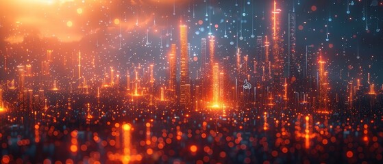 Poster - The concept of smart city has an abstract dot point connected with a line design, relating to the big data integration technology. The blur effect is applied.