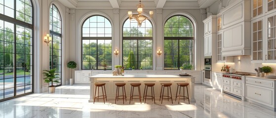Aufkleber - The kitchen is large and white and features an island and all necessary appliances. This is a 3D rendering that shows wood bar stools, the island is adorned with a chandelier, and large tall cabinets