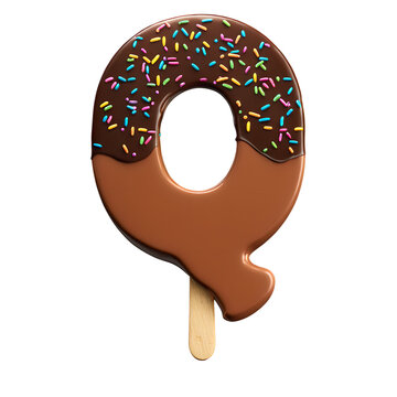 Alphabet Q made from chocolate ice cream on transparent background, PNG file. Generative AI