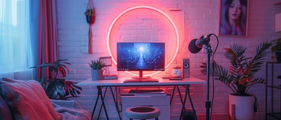 Leinwandbilder - Streamer table with laptop, microphone, phone, tripod, led ring lamp, neon. Bright white room of internet blogger. Streaming video in social networking studio.