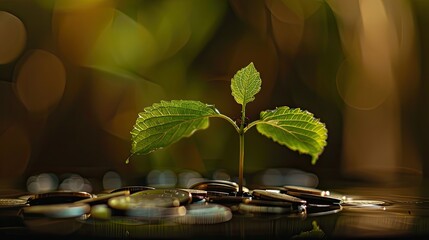 a young plant emerging from a mound of mixed coins, its two vibrant green leaves reaching towards th