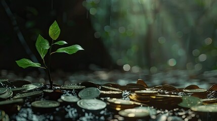 a young plant emerging from a mound of mixed coins, its two vibrant green leaves reaching towards th