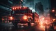 Photo of fire truck at night in city 