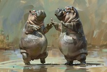 Animated Hippos Engaging In A Handshake - Two Friendly Animated Hippos Engage In A Handshake, Showcasing A Moment Of Friendship And Agreement In A Natural Setting