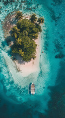 Aerial view of a tropical island with a boat - Stunning drone shot captures a tropical island paradise surrounded by turquoise waters and a boat moored on sandbar