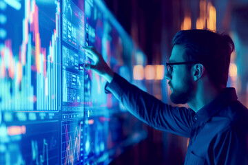 Poster - business chart and graph of men looking monitors trading and interacting with futuristic touchscreens and devices on a blue background, showcasing the seamless integration of human touch and digital i