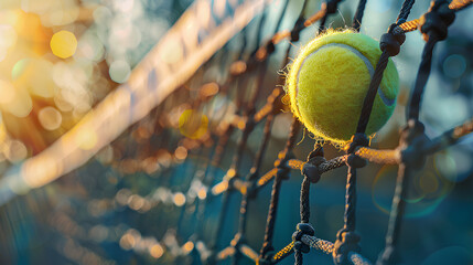 Close-up tennis ball hitting to net on blur