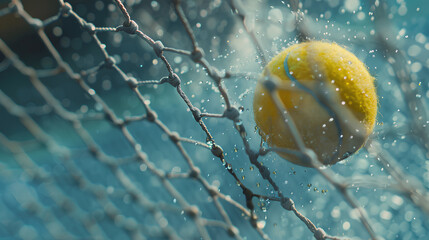Close-up tennis ball hitting to net on blur