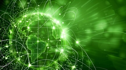 Wall Mural - green background with various connections around the globe, vibrant use of light and shadow, green e
