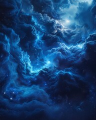 Canvas Print - Mystical nebula clouds in a vibrant space - This image features electrified blue clouds within a space environment, creating a feeling of a dynamic cosmos