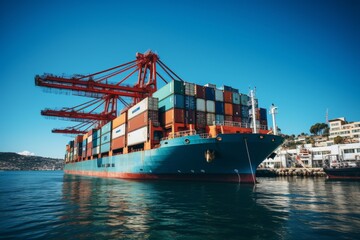 Wall Mural - Fully loaded container ship sailing in vibrant blue ocean waters under clear sky on a sunny day