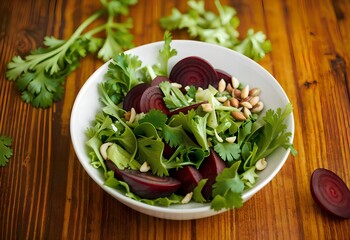 Sticker - spring salad with boiled beets, nuts, lettuce leaves and herbs in a bowl