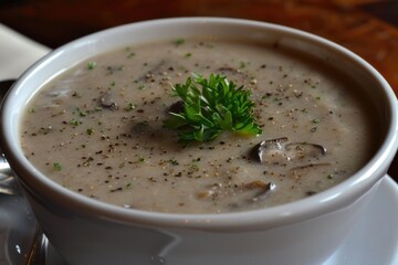 Wall Mural - Mushroom cream soup with parsley garnish in white bowl.