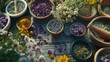 An herbalist's table rich in variety and color, with bowls of dried lavender, chamomile, and rose petals