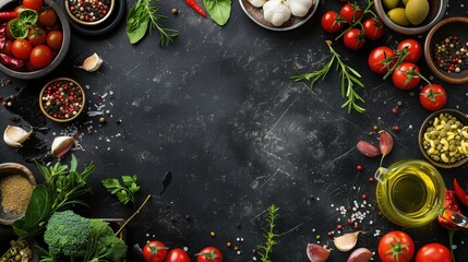 Wall Mural - Delicious Mediterranean diet ingredients scattered around the edges on a dark kitchen counter, leave space in the middle for text.