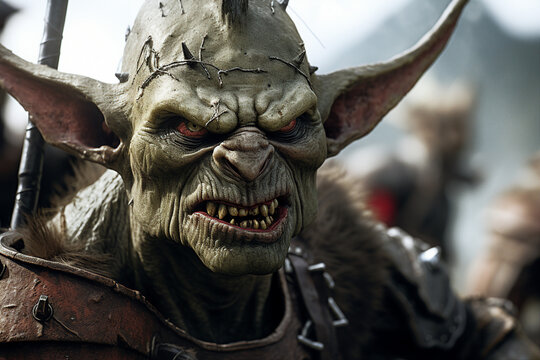 AI generated close up portrait of a male orc ogre with medieval armor