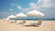Panoramic view of chairs and white umbrella on beach. Banner, lots of copy space