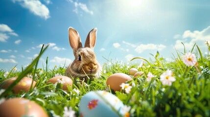 Wall Mural - easter bunny in a flat green grass meadow with fresh bown and white eggs and a clear blue sky overhead,