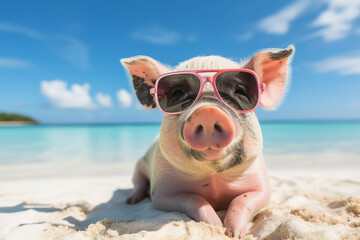 Funny animal cute pig in glasses on summer vacation enjoying tropical resort generative AI