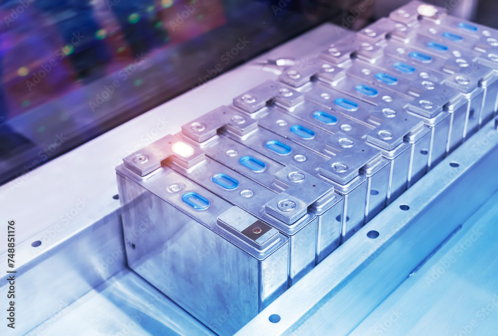Electric car lithium battery pack and power connections Stock Photo ...