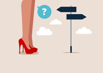 Wall Mural - female choosing choose between 2 direction, make decision to the left or right. flat vector illustra