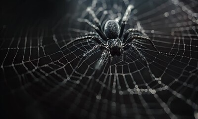 spider on a web with dewdrops. the concept of natural traps and survival.