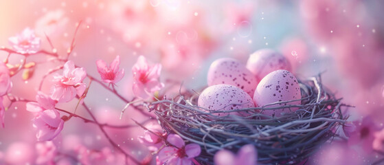 Wall Mural - A festive and soft-focused image featuring a nest with pink speckled Easter eggs amidst delicate pink blossoms